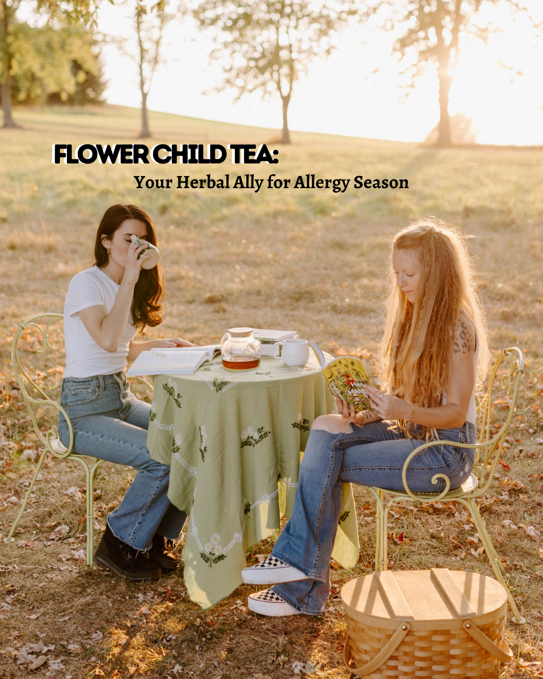 Two women enjoying herbal tea outdoors during golden hour, seated at a vintage table set with tea and books, highlighting Flower Child Tea as a natural allergy season remedy.