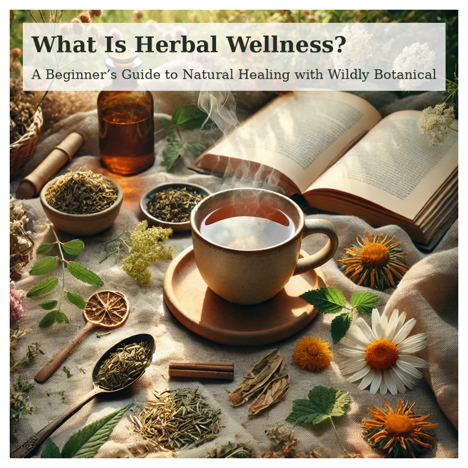 Flatlay of a steaming mug of herbal tea with dried herbs, a botanical book, and a linen cloth, styled in a cozy, nature-inspired setting. Text overlay reads: “What Is Herbal Wellness? A Beginner’s Guide to Natural Healing with Wildly Botanical.”