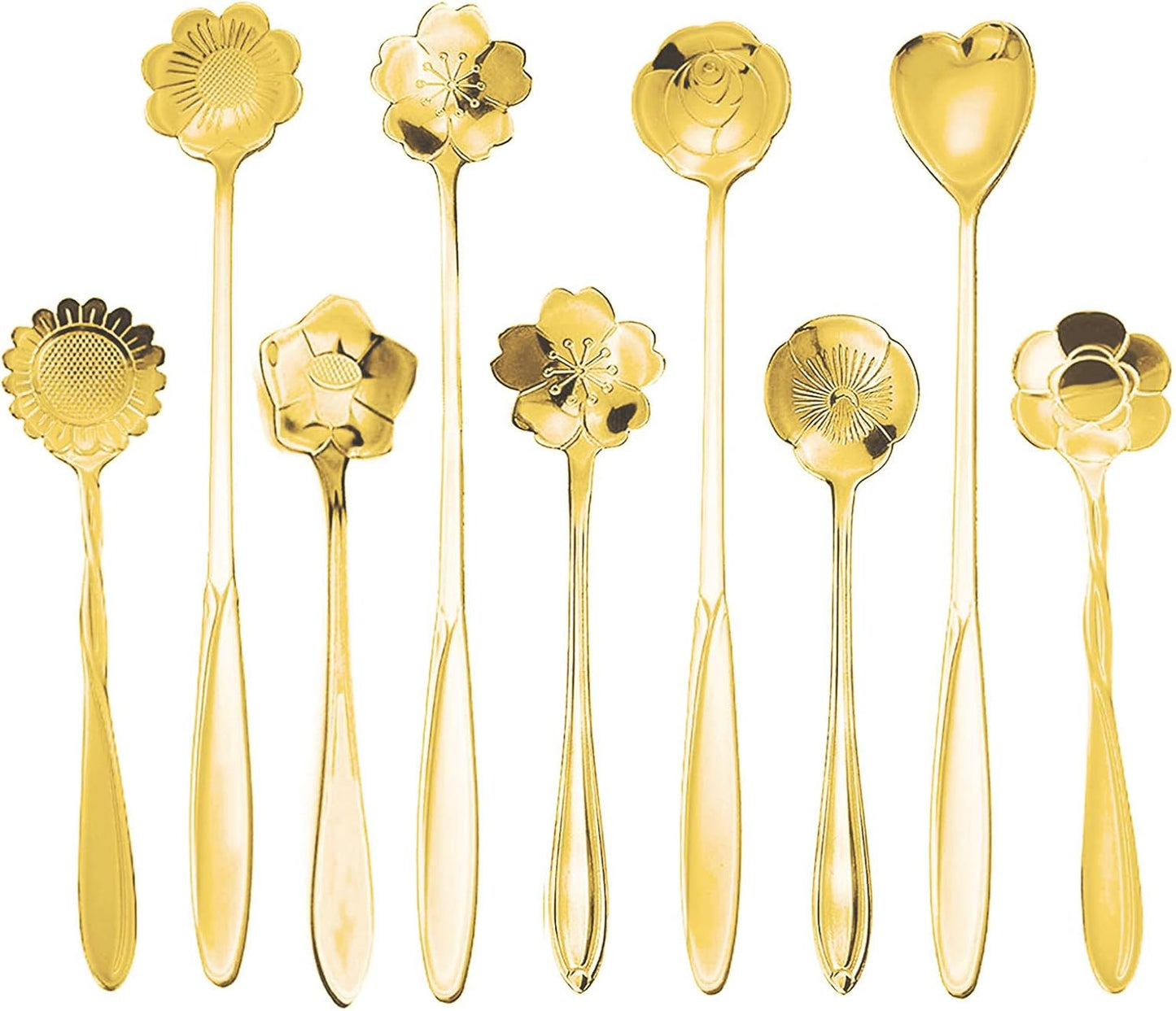 Gold flower-shaped tea spoon resting beside loose-leaf herbal tea, perfect for scooping tea, herbs, or honey.
