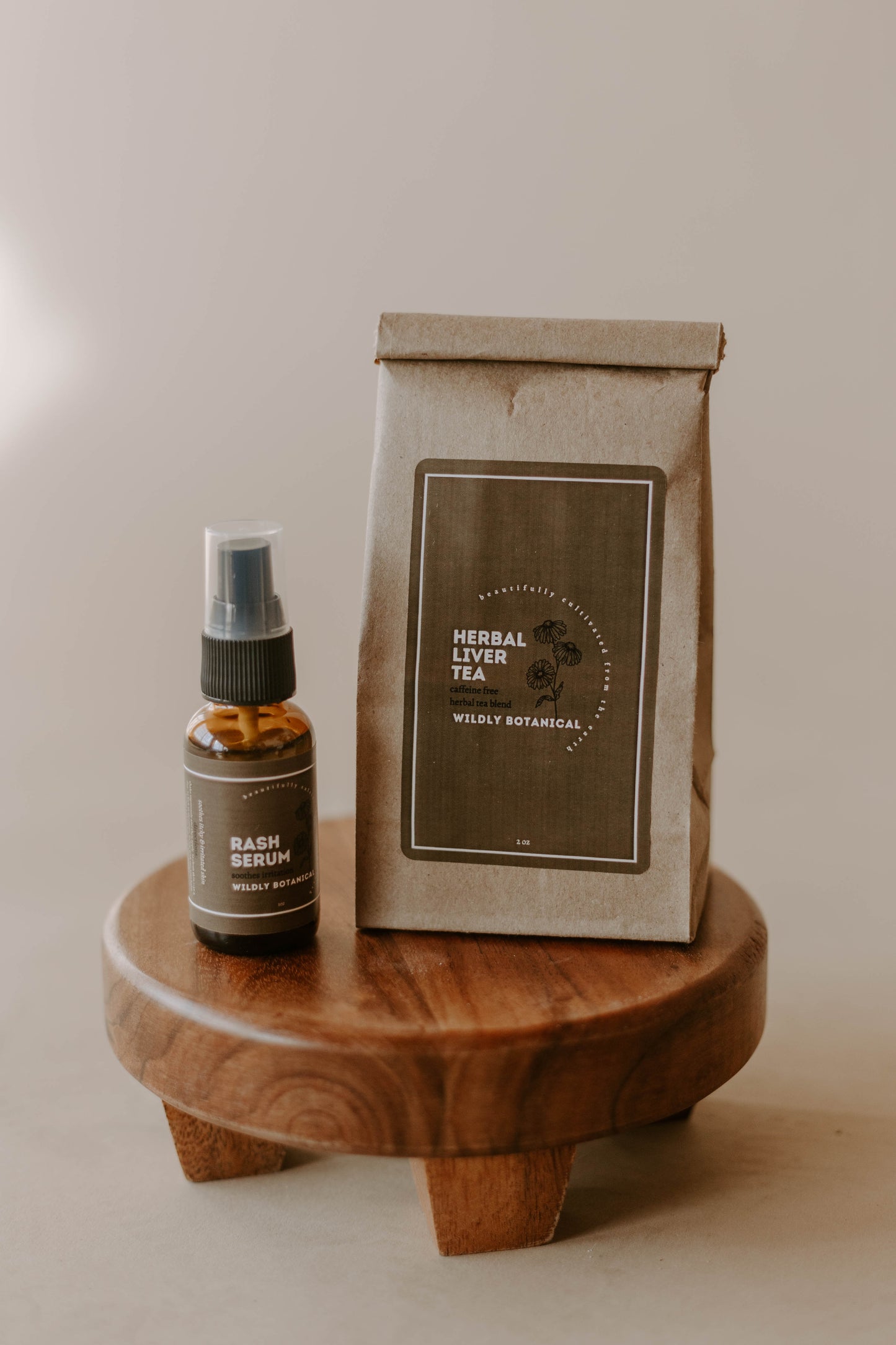 wooden stand, rash serum, rash, skincare, amber bottle, Kraft bag, tea, loose leaf tea, herbal, liver deto tea