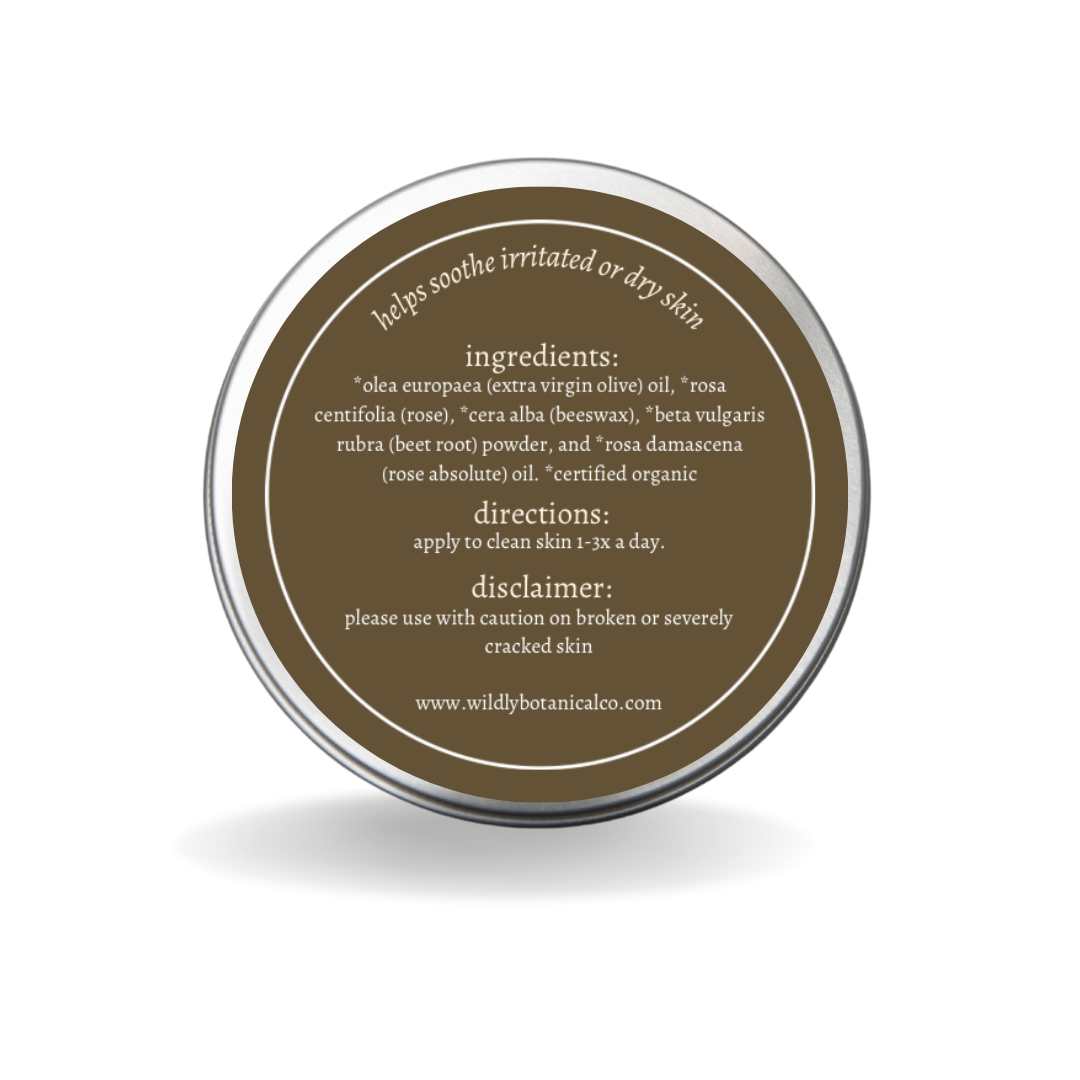 rose, balm, salve, organic, natural, herbs, skin care, beeswax