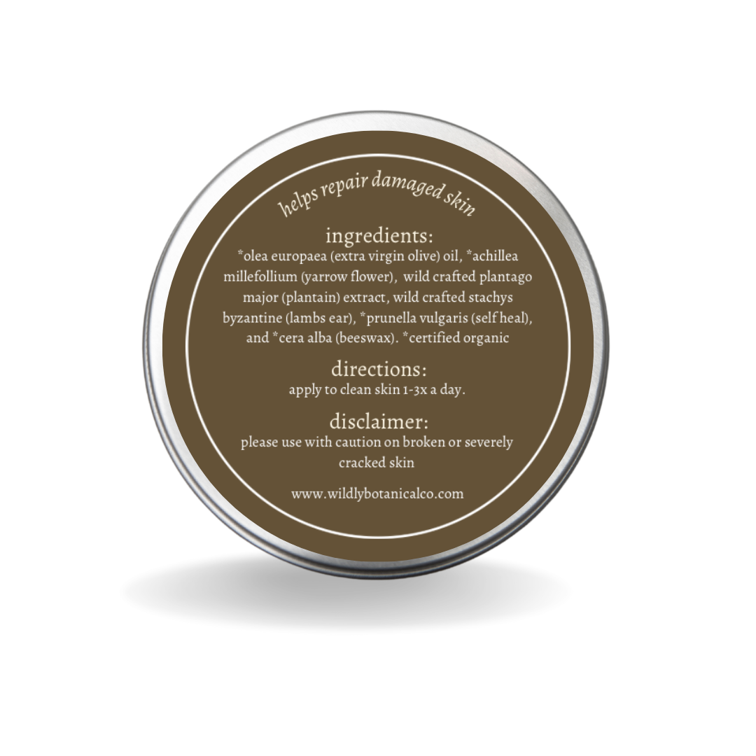 repairing, healing, salve, balm, yarrow, plantain, self heal, lambs ear, organic, beeswax