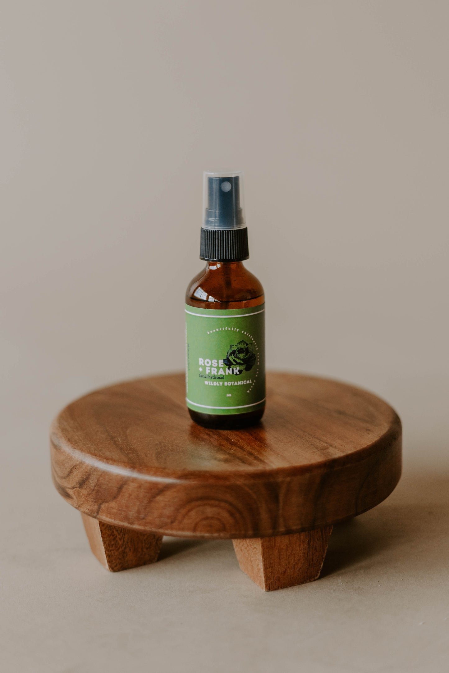 toner, hydrosol, spray, amber bottle, green label, rose + frank, wooden stand, skincare
