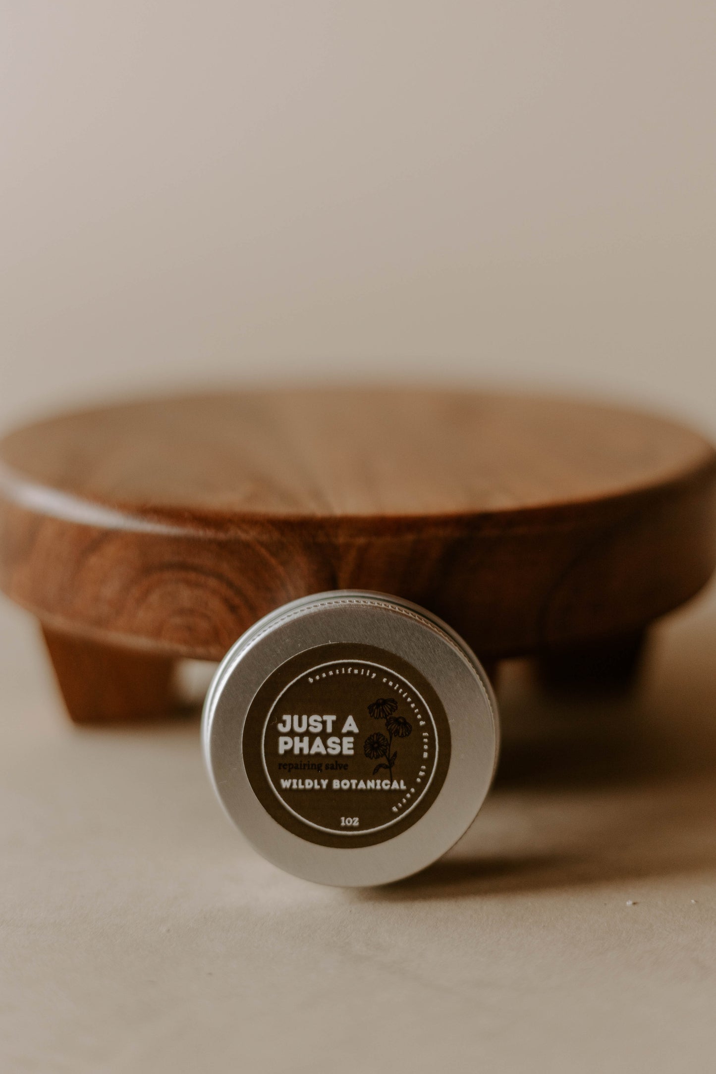 just a phase, balm, salve, repairing, tin, metal tin, wooden stand
