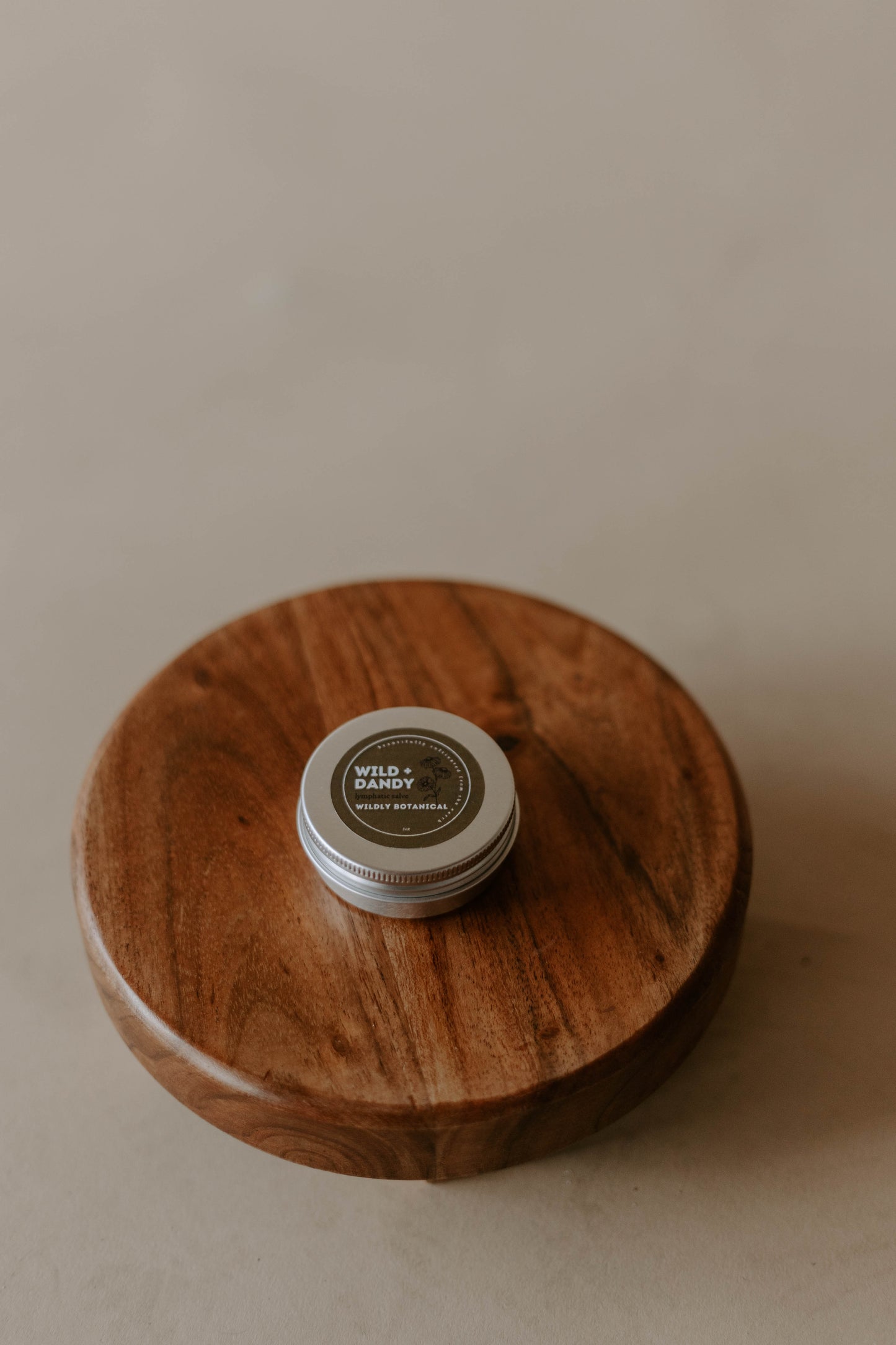 wild + dandy balm, balm, salve, tin, wooden stand