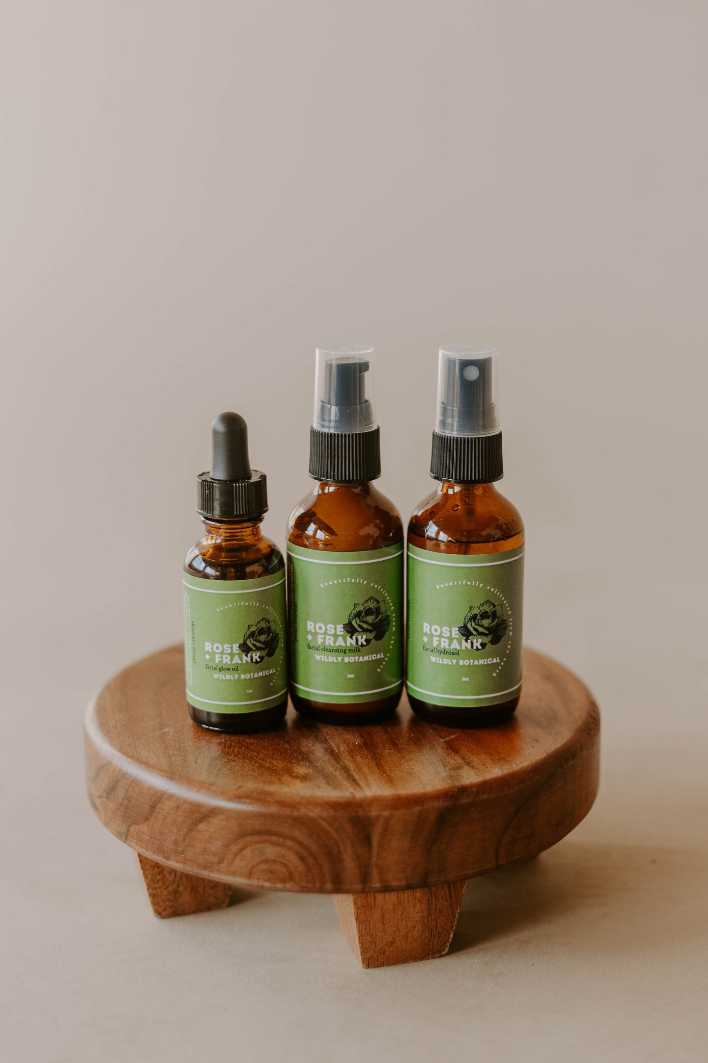 skin care ritual, ritual, skin, organic, green labels, wooden stand, cleanser, face wash, cleansing milk, toner, hydrofoil, spray, rose + frank, facial oil, glow oil, glow