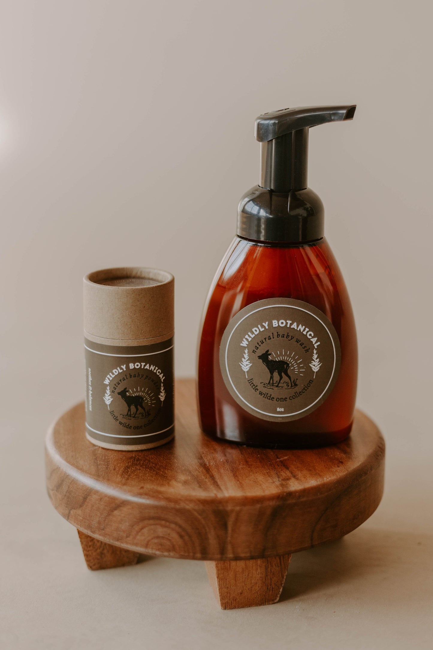 baby, baby care, deer, little wilde ones, baby powder, powder, Kraft shaker, shaker, baby wash, body wash, soap, wash, foaming, black pump, amber bottle, wooden stand