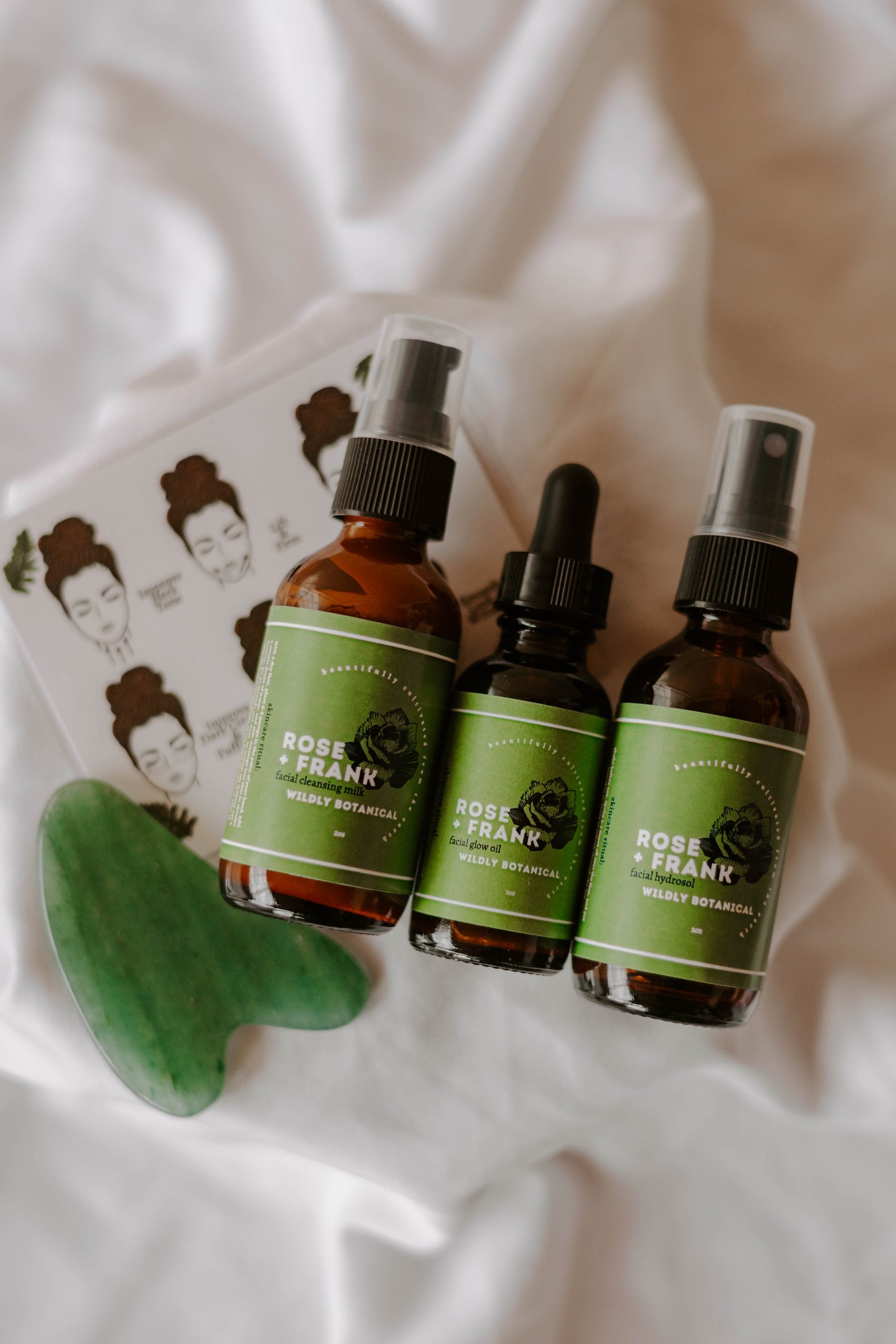 skincare, routine, ritual, regimen, gua sha, jade, skincare, face wash, cleanser, cleansing milk, hydrosol, toner, facial oil