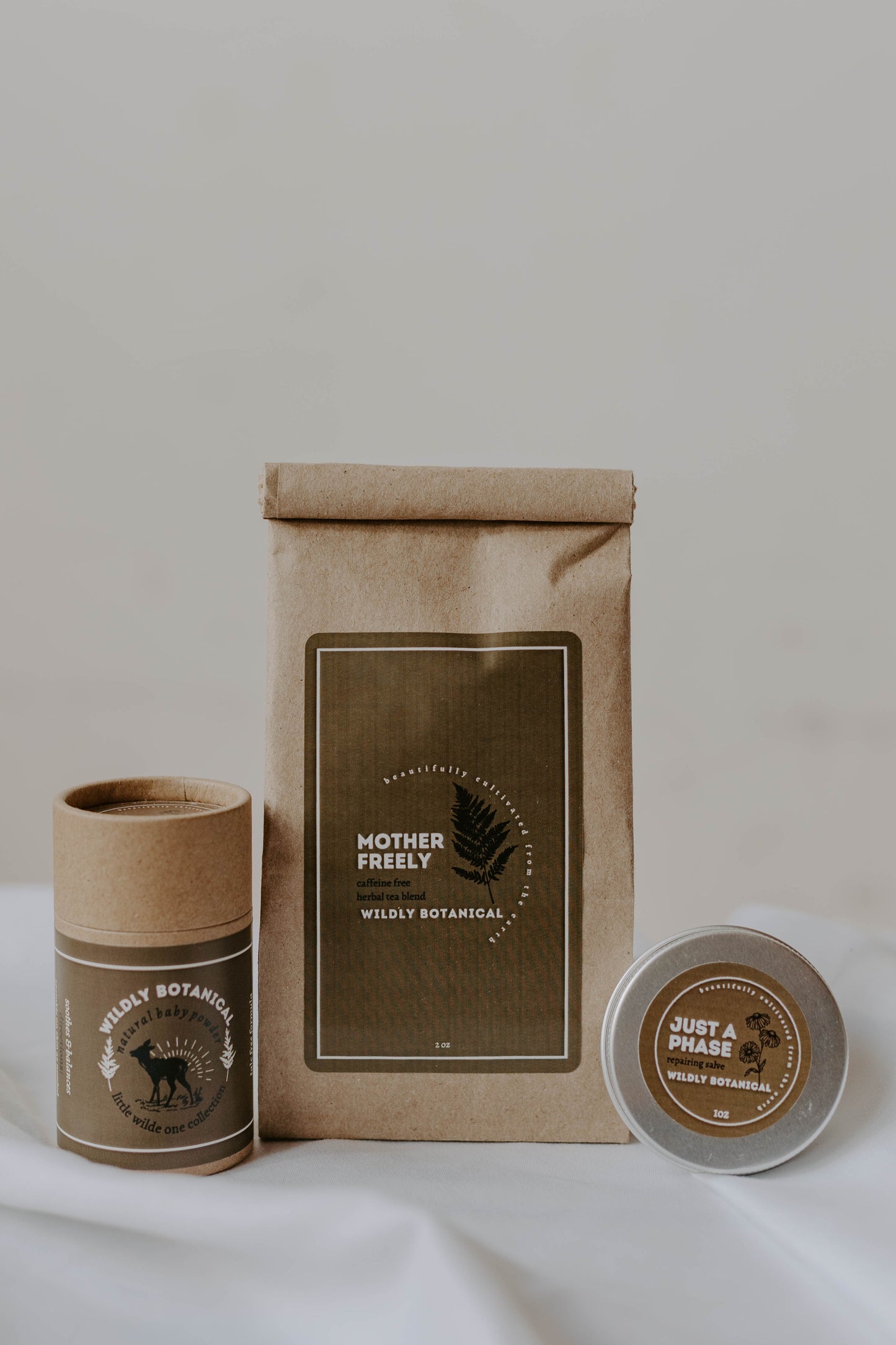 mother, baby, gifts, fern, loose leaf tea, herbal tea, mother freely, Kraft bag, Kraft shaker, shaker, baby powder, powder, deer, just a phase, balm, salve, tin, yarrow, healing, repairing