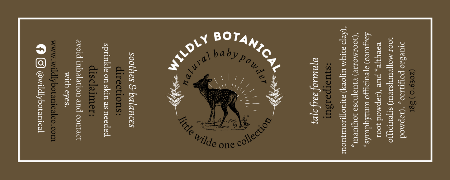 label, baby powder, fawn, talc free, herbal powder