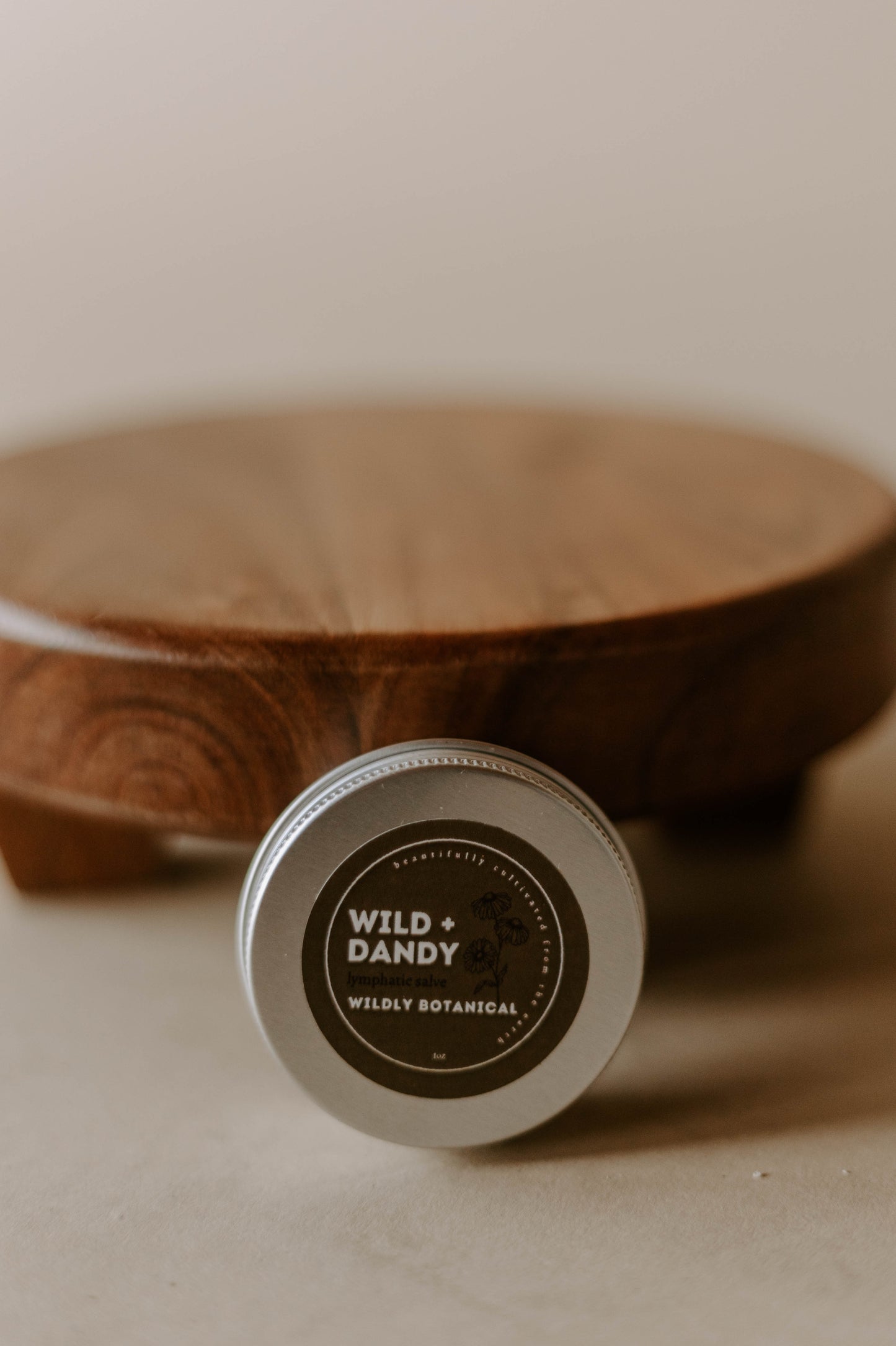 wild + dandy balm, salve, tin, wooden stand